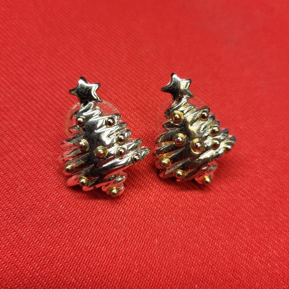Gold and Silver Christmas Tree Earrings - Picture 1 of 12